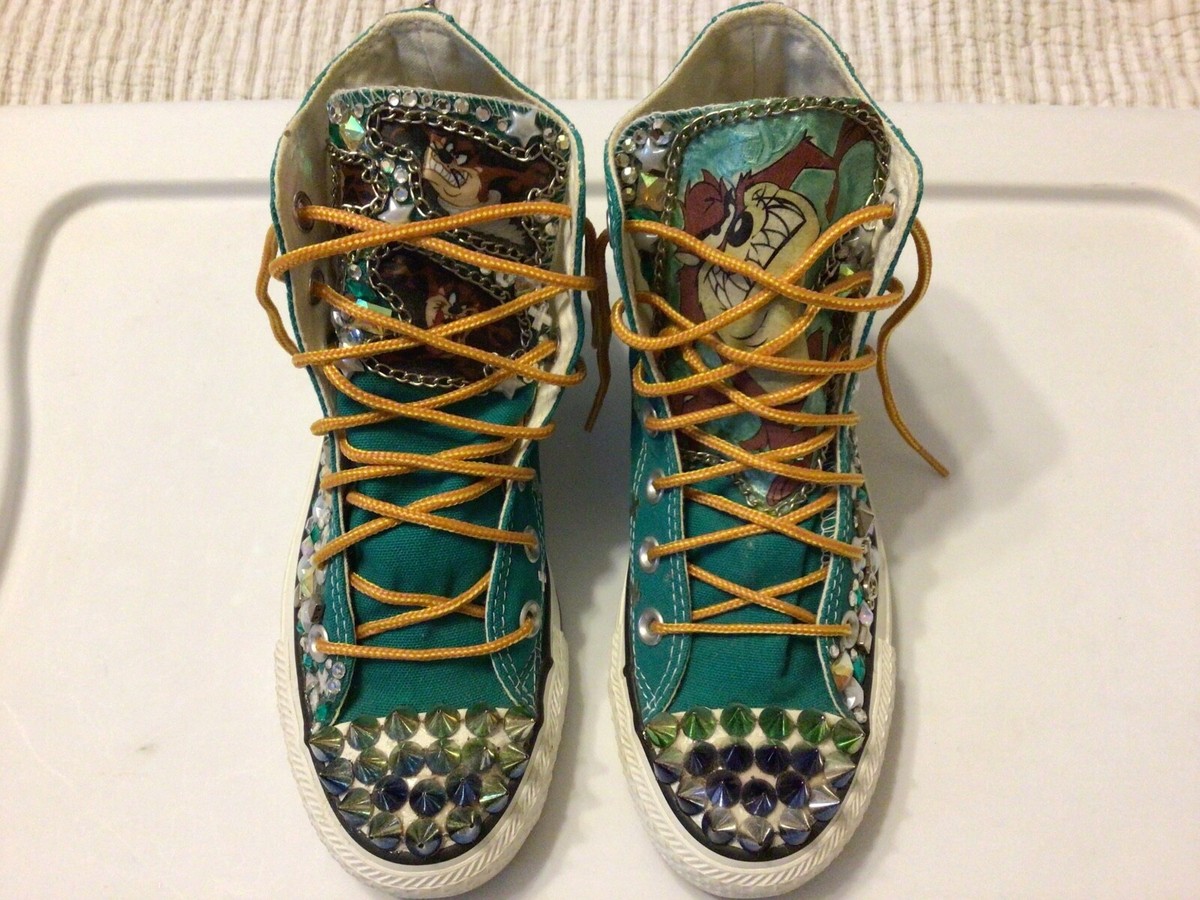 Vtg Custom Converse All Star Hi-Top Shoes Punk Spiked Chains Tasmanian  Devil 4/6