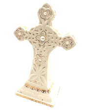White Cross Figurine 8" Tabletop Gilded Pearl Center Pottery Religious Christian
