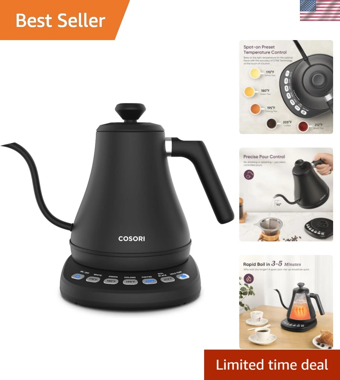 Electric Gooseneck Kettle with 5 Temperature Control Presets, Pour Over Kettl...
