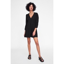 ZARA V-Neck Ruched Sleeve Empire Waist Dress in Black - XS