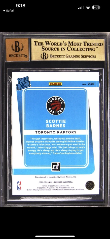 2021 DONRUSS SIGNATURES CHOICE BLUE SCOTTIE BARNES ROOKIE RC /49 BGS 9.5 AUTO 10 - Image 2 of 2