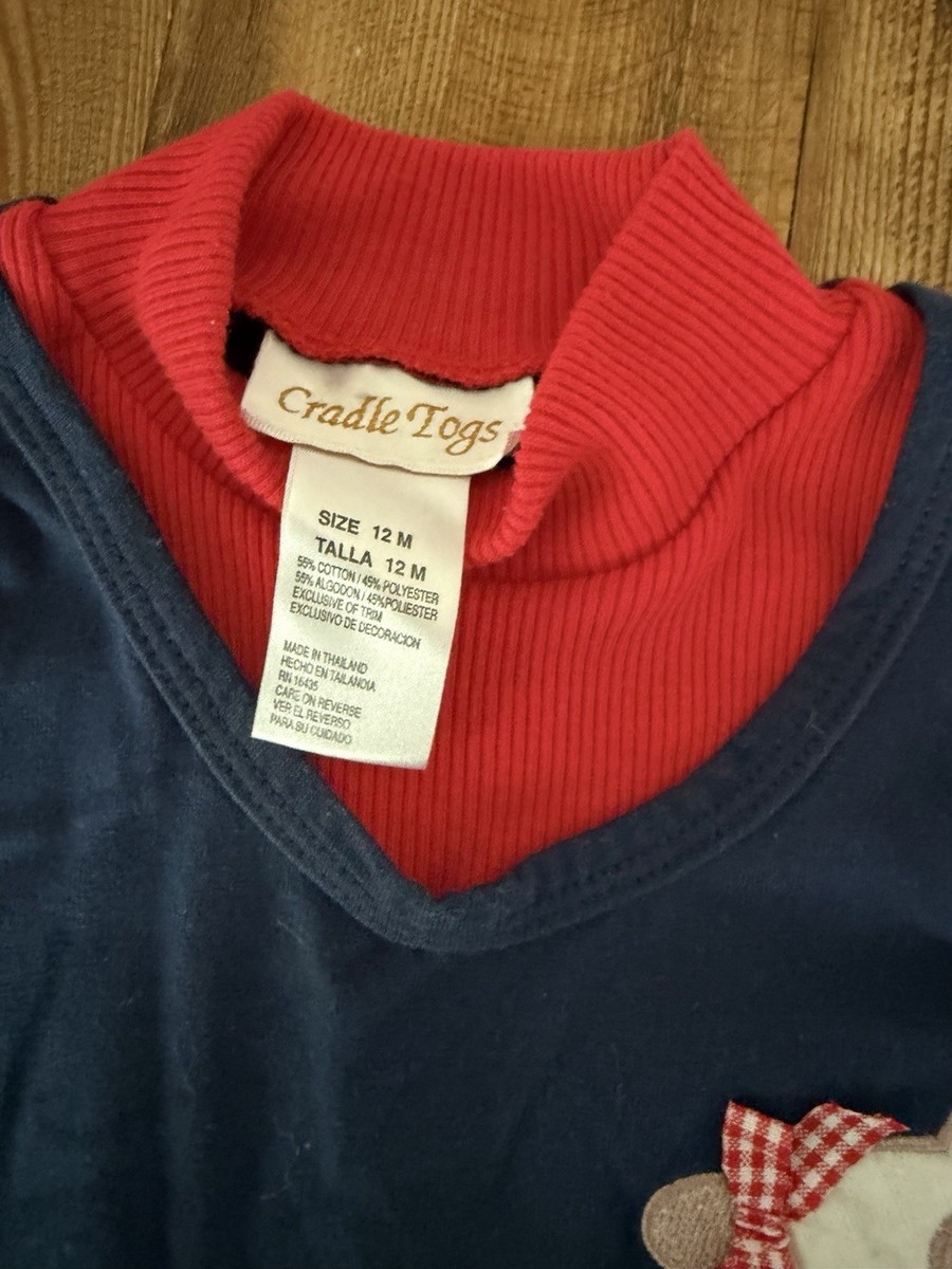 Vintage Cradle Togs Puppy Love Dress 12M Navy Blue Red Long Sleeve