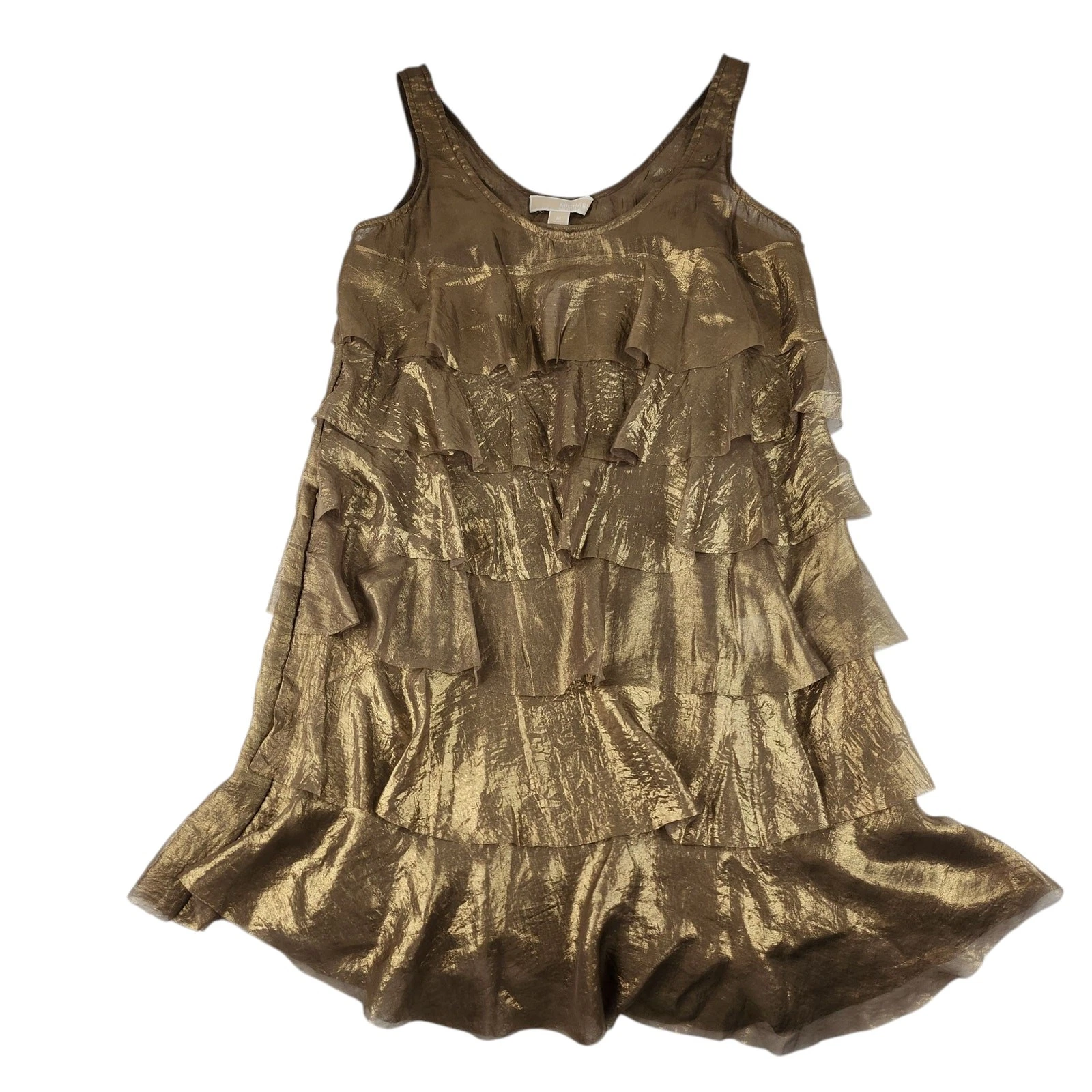 Mini abito medio Michael Kors nuovo con etichette oro metallizzato volant party cocktail bodycon