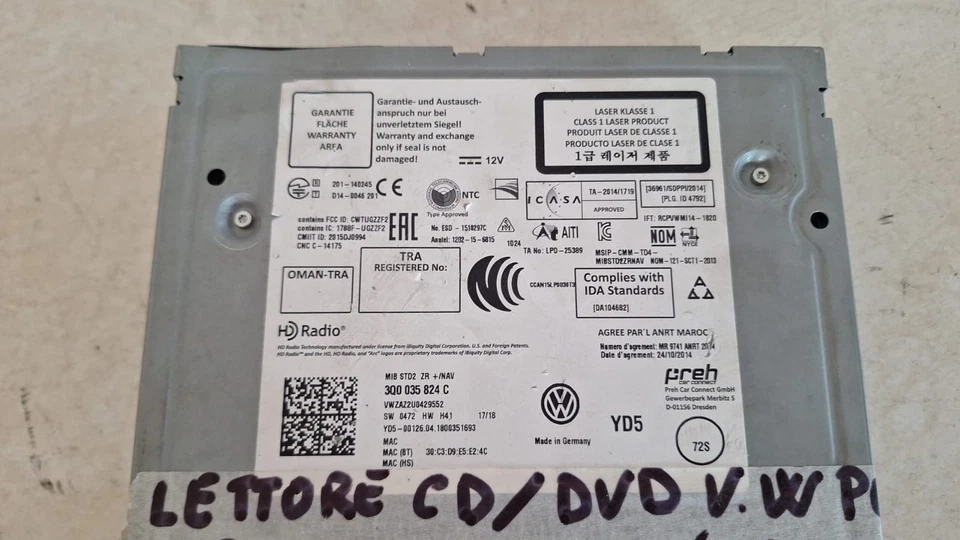 Unita' Autoradio DVD CD Principale Volkswagen Golf 7 Polo T-ROC COD : 3Q0035824C - Immagine 3 di 3