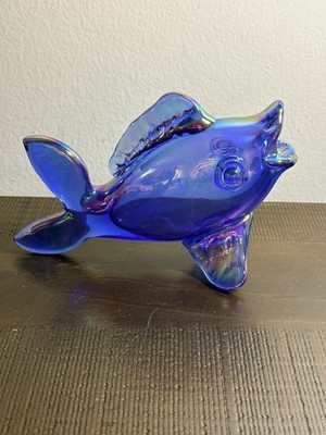 Vtg Gibson Art Glass Blue Iridescent Opened Mouth Fish Figurine