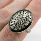 Vintage Sterling Silver Marcasite Black Enamel Openwork Motif Ring Sz 8.75 AS IS