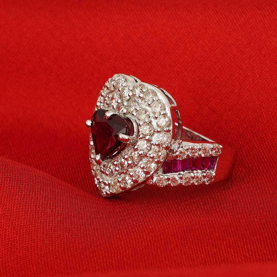 Heart Cut Red 2.11CT Ruby, White 2.84CT CZ & Pink Baguette Cut Sapphire Ring - Image 4 of 4