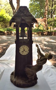 HUGE ANTIQUE EARLY 20TH CENTURY BELL RINGER GOLDSCHEIDER AUSTRIA TERRACOTA CLOCK