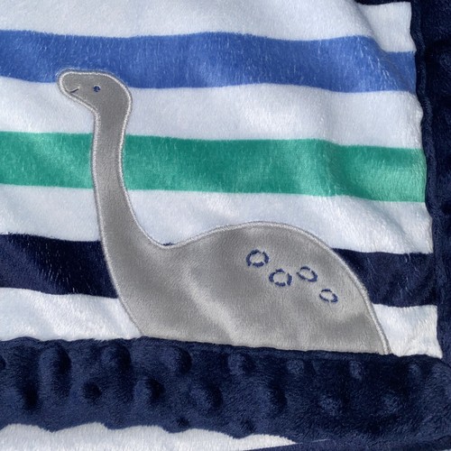 Carter’s Child of Mine Dinosaur Baby Blanket Blue Green Striped w/Sherpa Backing - Picture 2 of 3