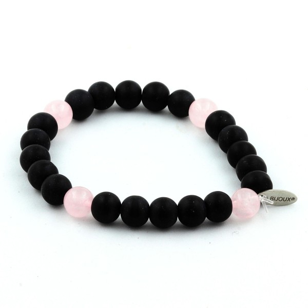 Steine Und MinéRaux. Armband Perlen Schwarz Onyx Matt + Rosenquarz 8 Mm. Made-image
