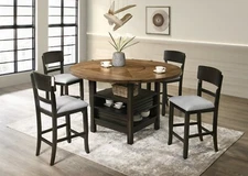 5 Pc Counter Height Round Dining Set Brown/Gray Upholstered Seat Lazy Susan