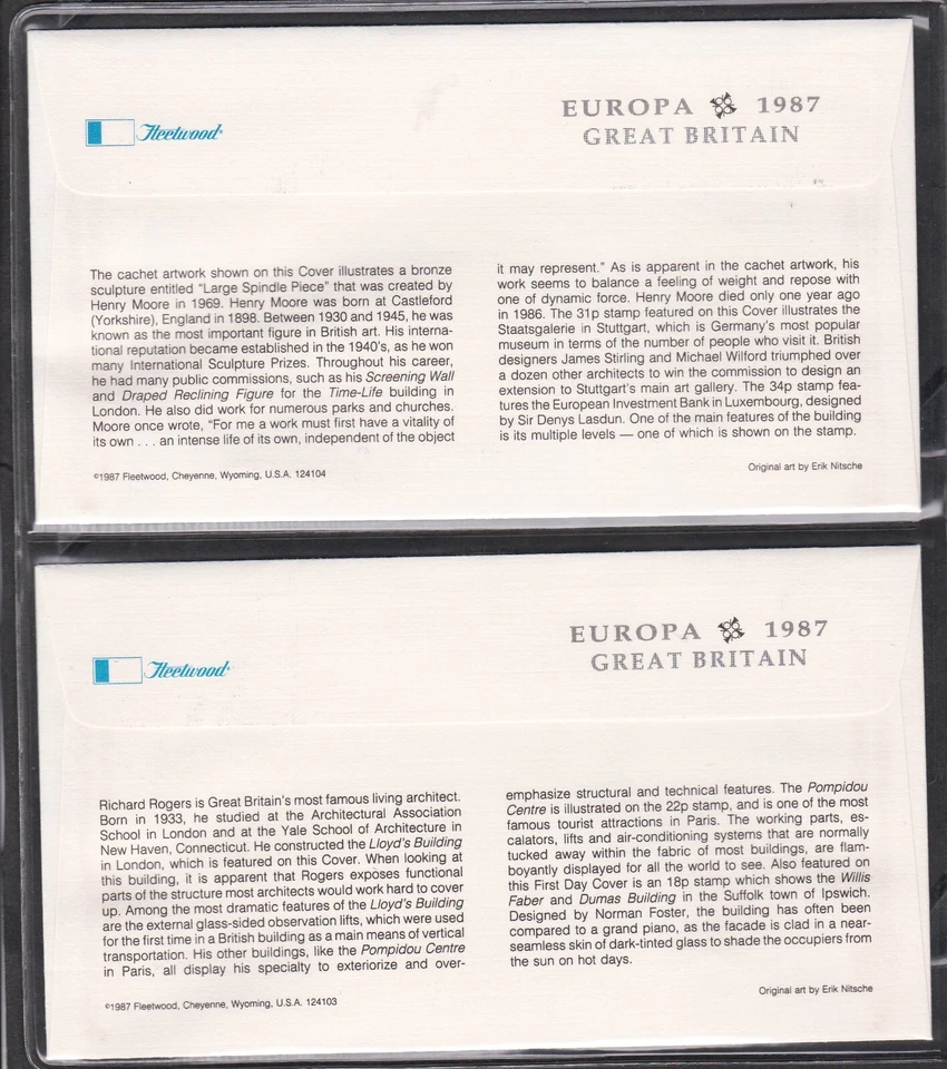 GREAT BRITAIN 1987 2 FLEETWOOD FIRST DAY COVERS EUROPA ARCHITECTURE CACHET - Image 2 of 2