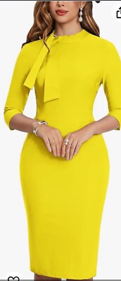 Muxxn XXL Yellow High Neck Tie Party Pencil Dress 3/4 Sleeve Midi