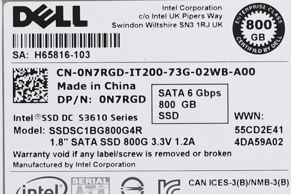 Dell SSDSC1BG800G4R 800GB 1.8" 6Gb/s SATA Solid State Drive Dell P/N: 0N7RGD - Image 3 of 3
