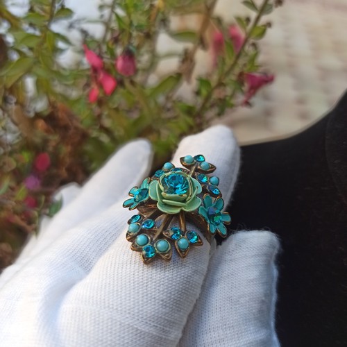 Michal Negrin Ring Turquoise Rose Floral Retro Aqua Crystals Christmas Gift Box - Picture 9 of 12