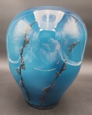 Hand Blown Studio Art Glass Blue  Black Bubble Veined Vase 9 1/2 Inch Signed