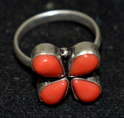 Bague En Argent Plaqué Avec Corail Jaune Et Rouge - Style Boho Tibétain - Taille 8,75 - Faite Main