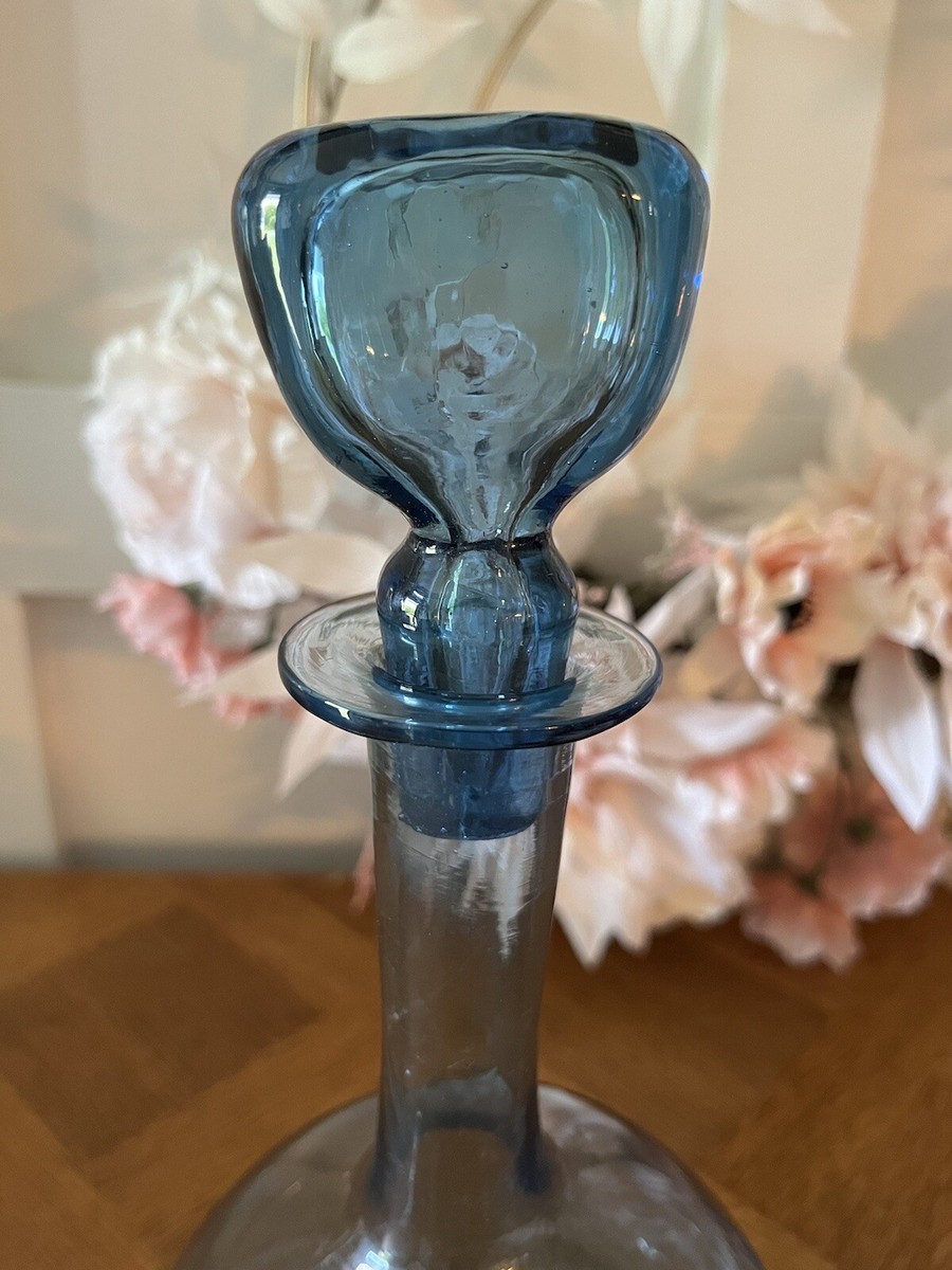 Vintage Mcm 1960 1970 Blue Etched Flower Wheat Glass Wine Decanter
