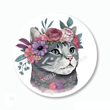 Cat in Flowers Spring Floral Gray Cat Scrapbook Stickers Labels Envelope Seals