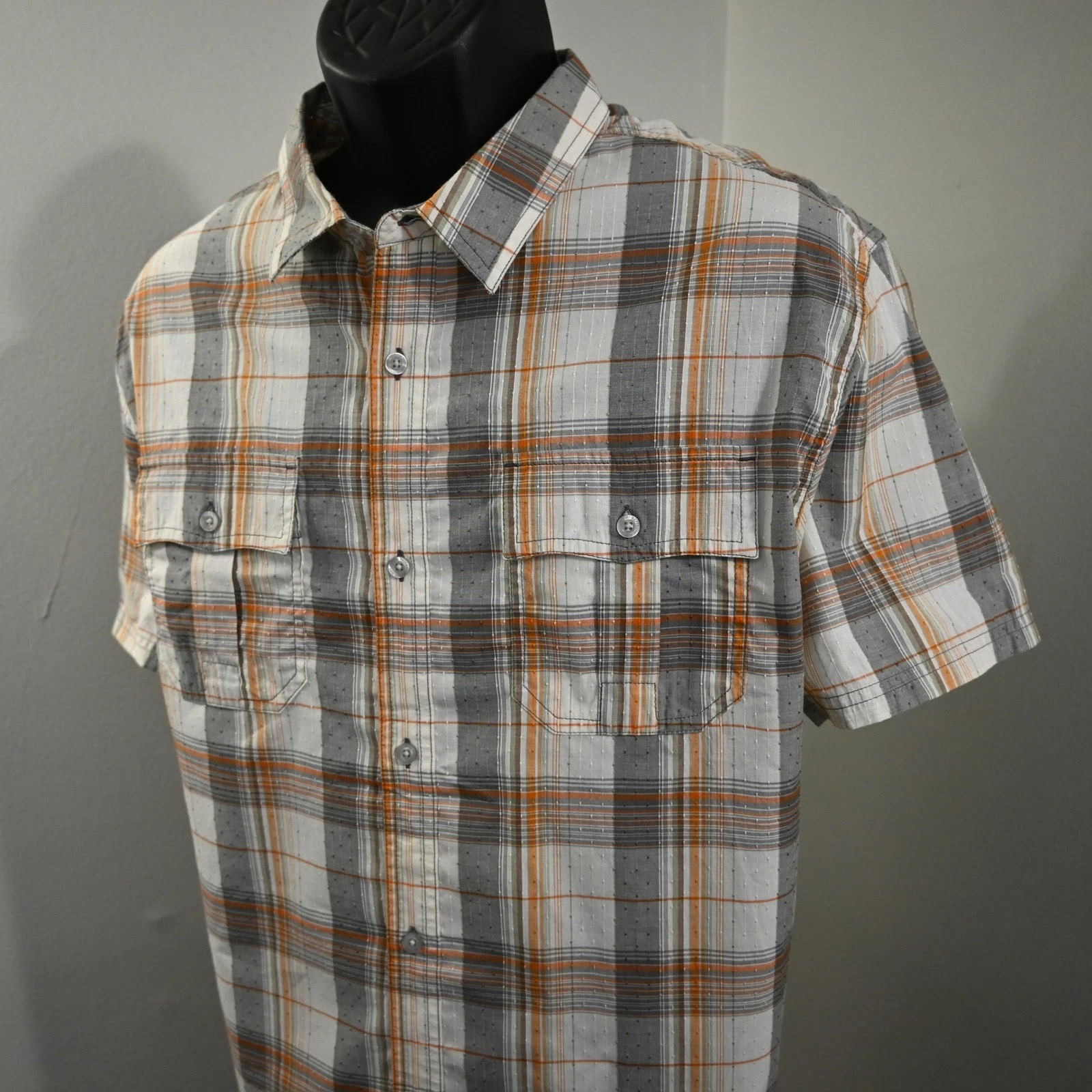 Prana Button Up Mens XL Gray Orange Plaid Short Sleeve Outdoor Hiking Shirt