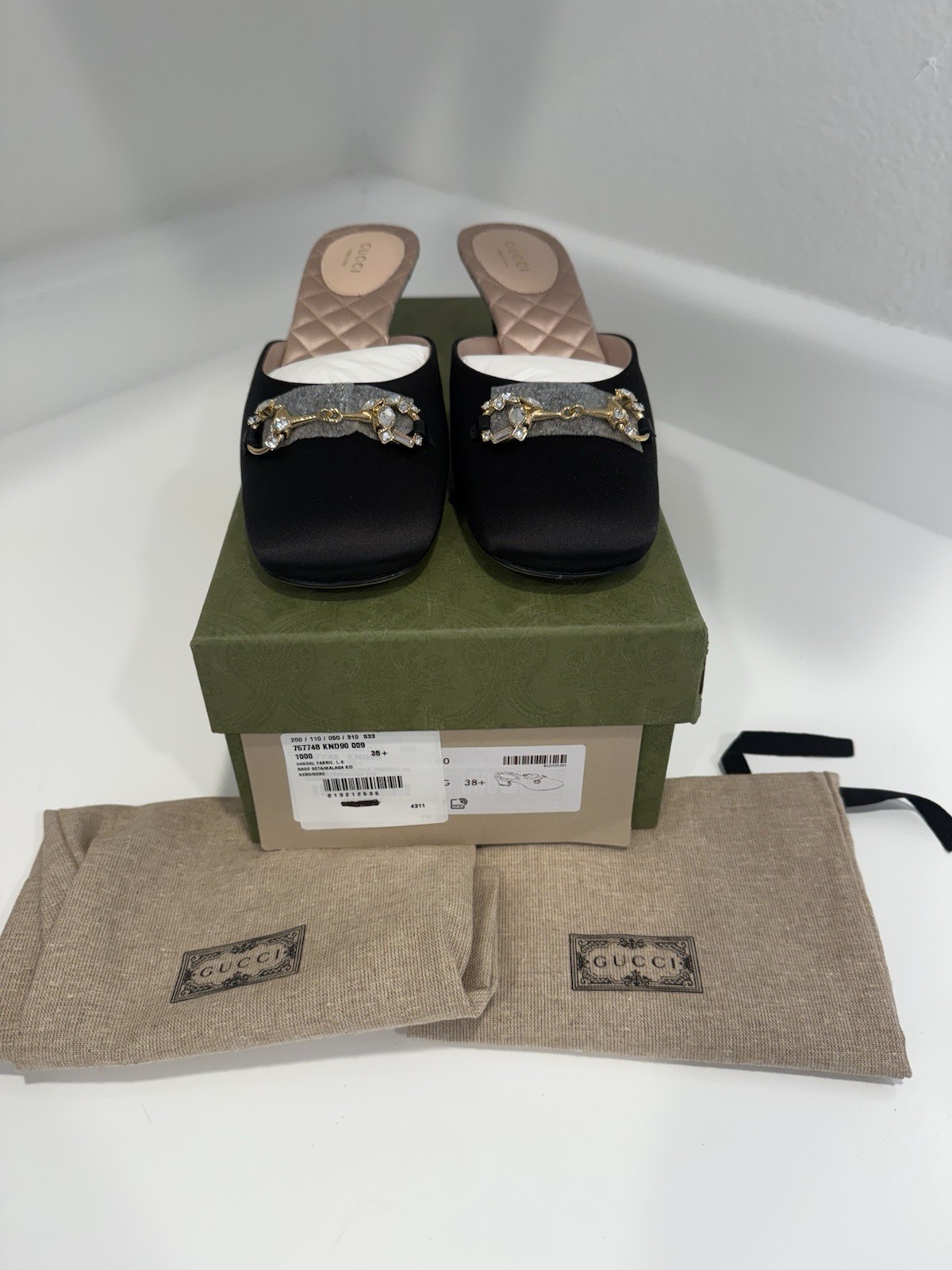 Gucci Crystal Horsebit Satin Mules Size 38.5 with Dust Bags NWB