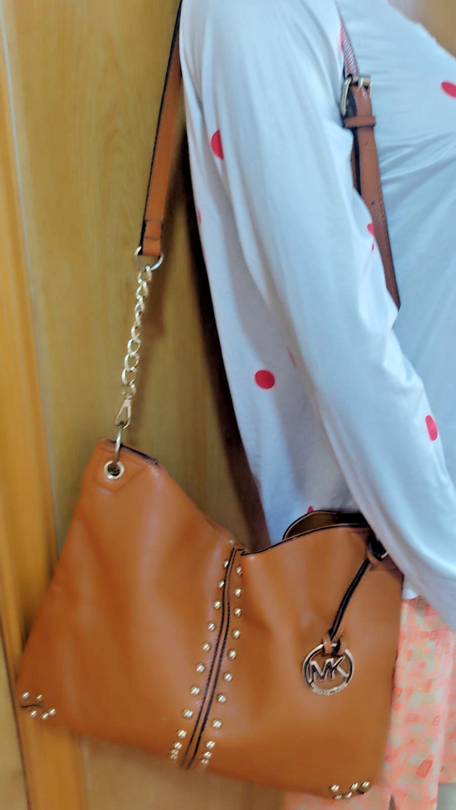 Michael Kors Vintage Brown Leather Shoulder Bag with Gold Studs & Marmalade Orange Accents