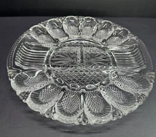 Vtg LE Smith Deviled Egg Plate Platter Relish Tray Dish Clear Glass Heritage 11"
