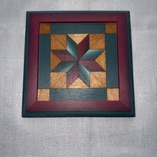 Star Quilt Parquetry Hand Painted And Pieced, 7.5x7.5 Inches. Framed Wood Quilt.