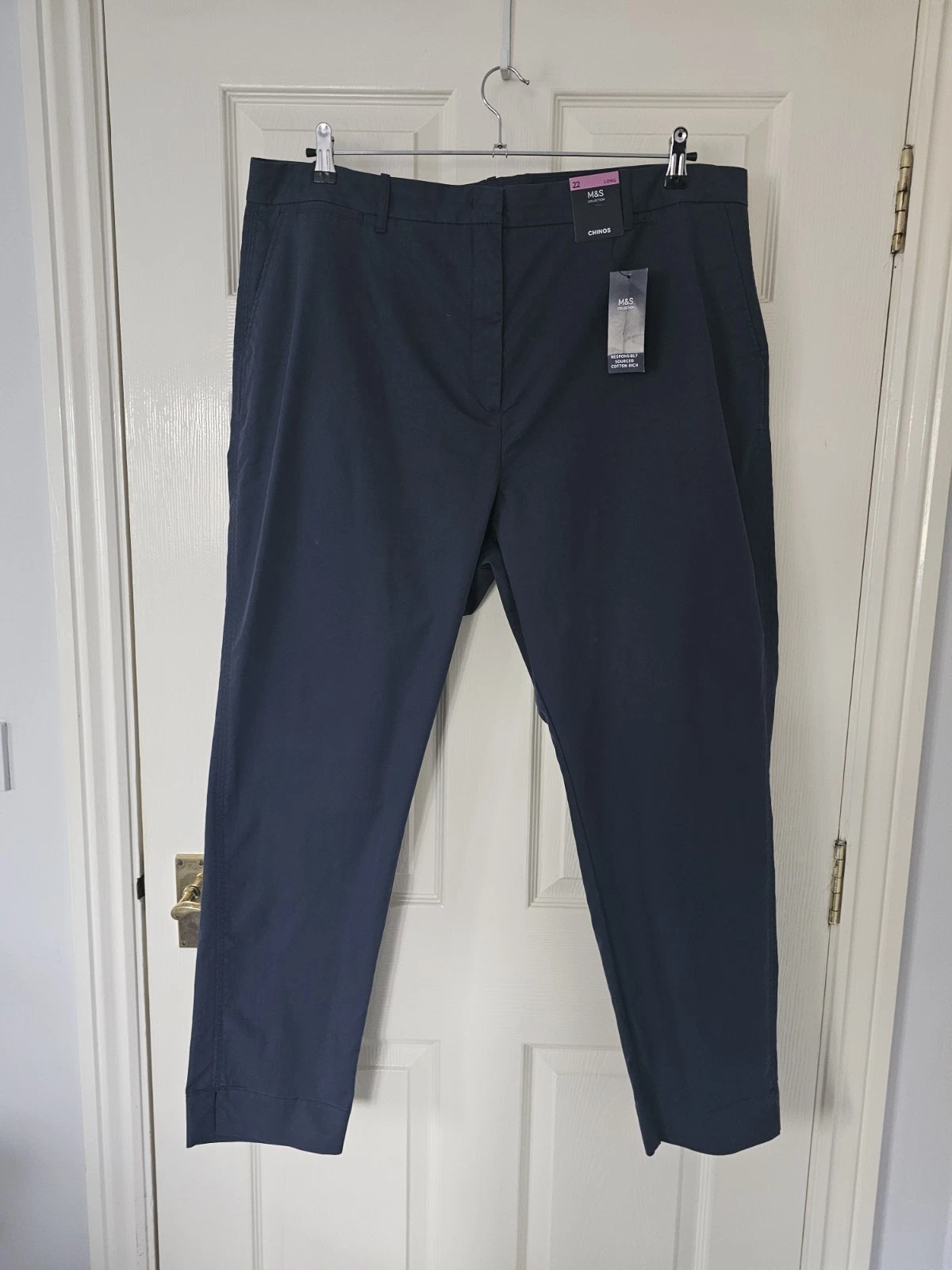 M&S Navy Chinos Trousers Size 22L Ankle Grazer Pockets New With Tags Classic