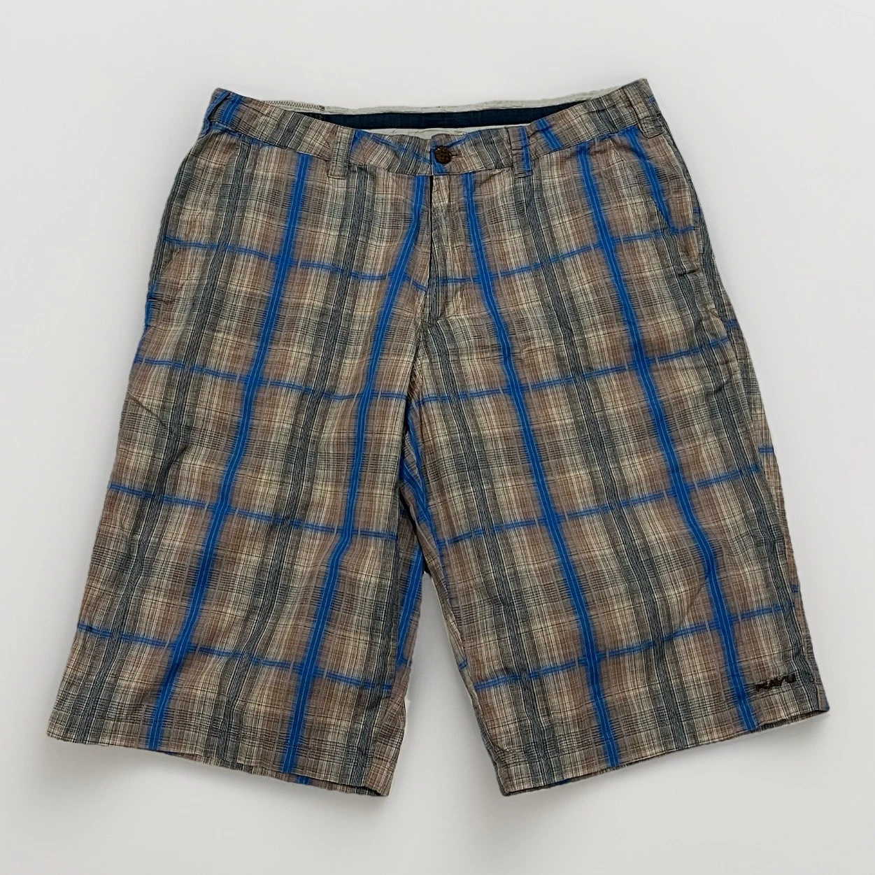 Kavu Plaid Shorts Mens 32 Brown Blue Gorpcore Hiking Cotton 12 Inseam