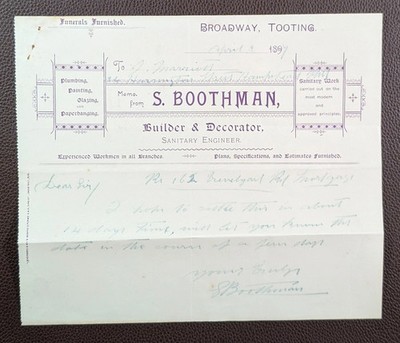 1897 S. Boothman Tooting Broadway Builder Decorator Sanitary Engineer Letter