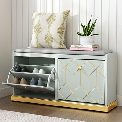 Shoe Bench with Storage, Modern Entryway Bench with 2 Flip Drawer & Padded