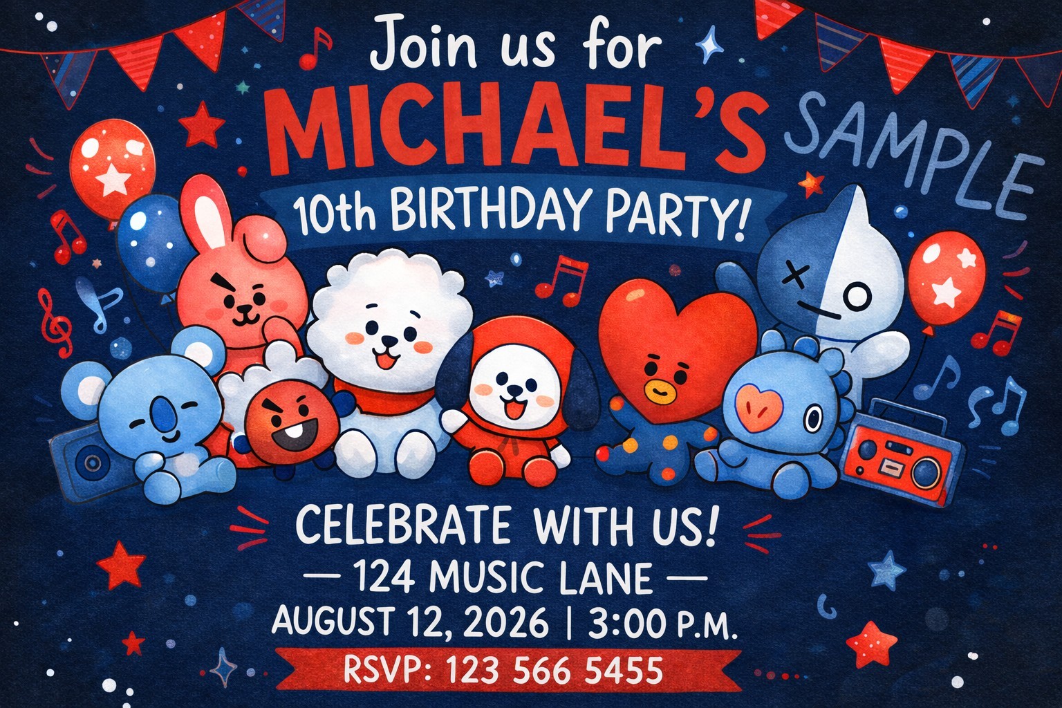 BT21 Nice Birthday party Invitations 12 With Envelopes Party Supplies ...