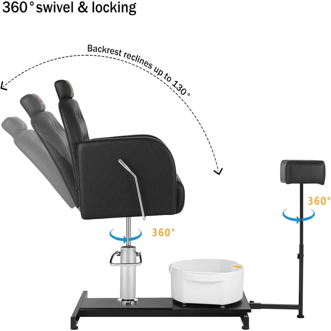 Reclining Pedicure Chair No Plumbing 360° Swivel Hydraulic Nail Salon Spa Chair