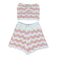 Crochet Knit Two Piece Set Top and Shorts Pink Beige White Summer Outfit