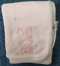 Mothercare pink jersey blanket Bunny motif bows reverse stripes Preloved