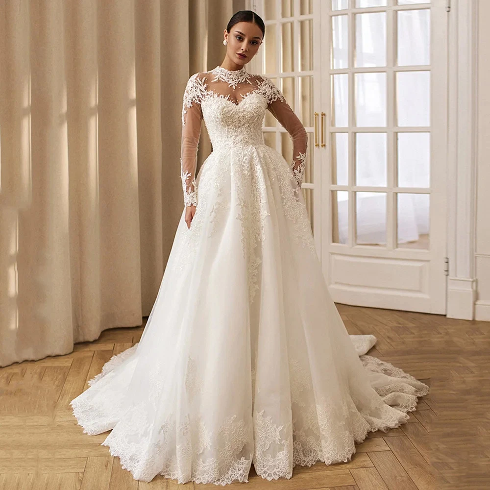 chinese dress ladies Elegant A line Wedding Dress Long Sleeve Lace Applique Bride Dress lace up  with Long Train AL-VL-240112 (US, Numeric, 2, Regular, Regular, Ivory) at  Amazon Women's Clothing store main image 0