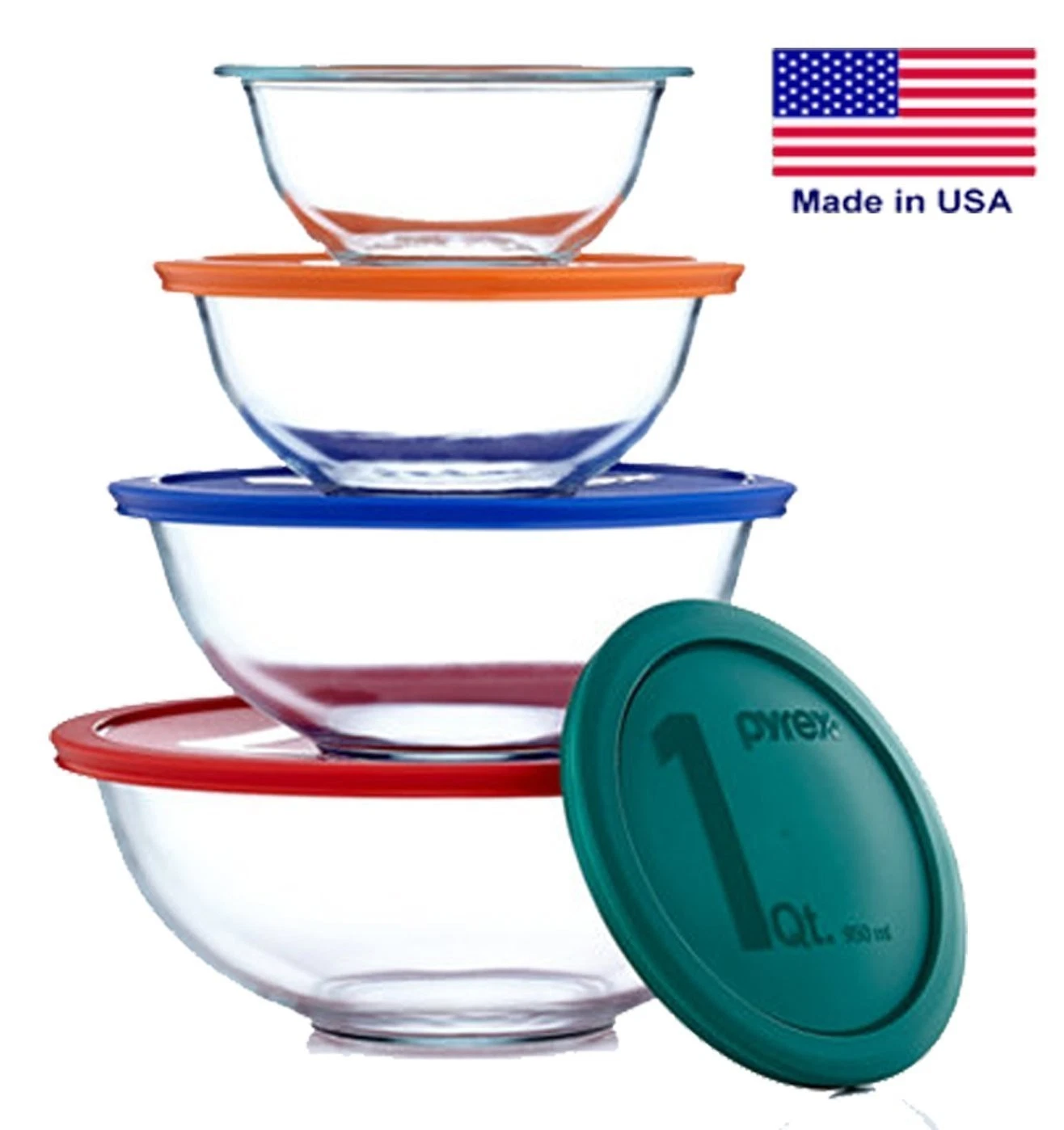 Pyrex Glass Mixing Bowl Set w/ Lids: 322 1qt, 323 1.5qt, 325 2.5qt, 326 4qt