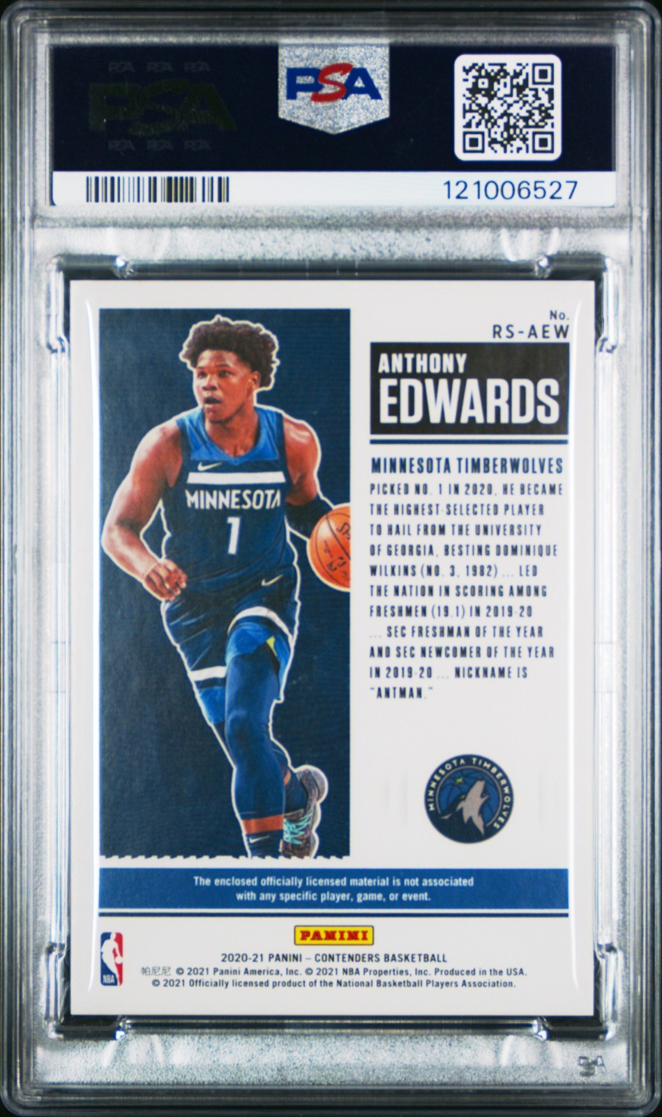 2020 Panini Contenders Anthony Edwards #AEW RC Rookie Ticket Swatch PSA 9 🔥 view 2