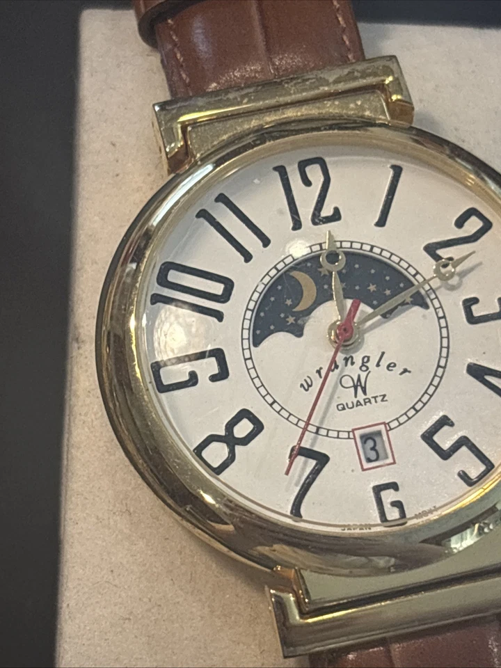 Винтажные мужские часы Wrangler 42 мм Moon Phase дата коричневый кожаный ремешок непроверенные как есть - Изображение 3 из 4