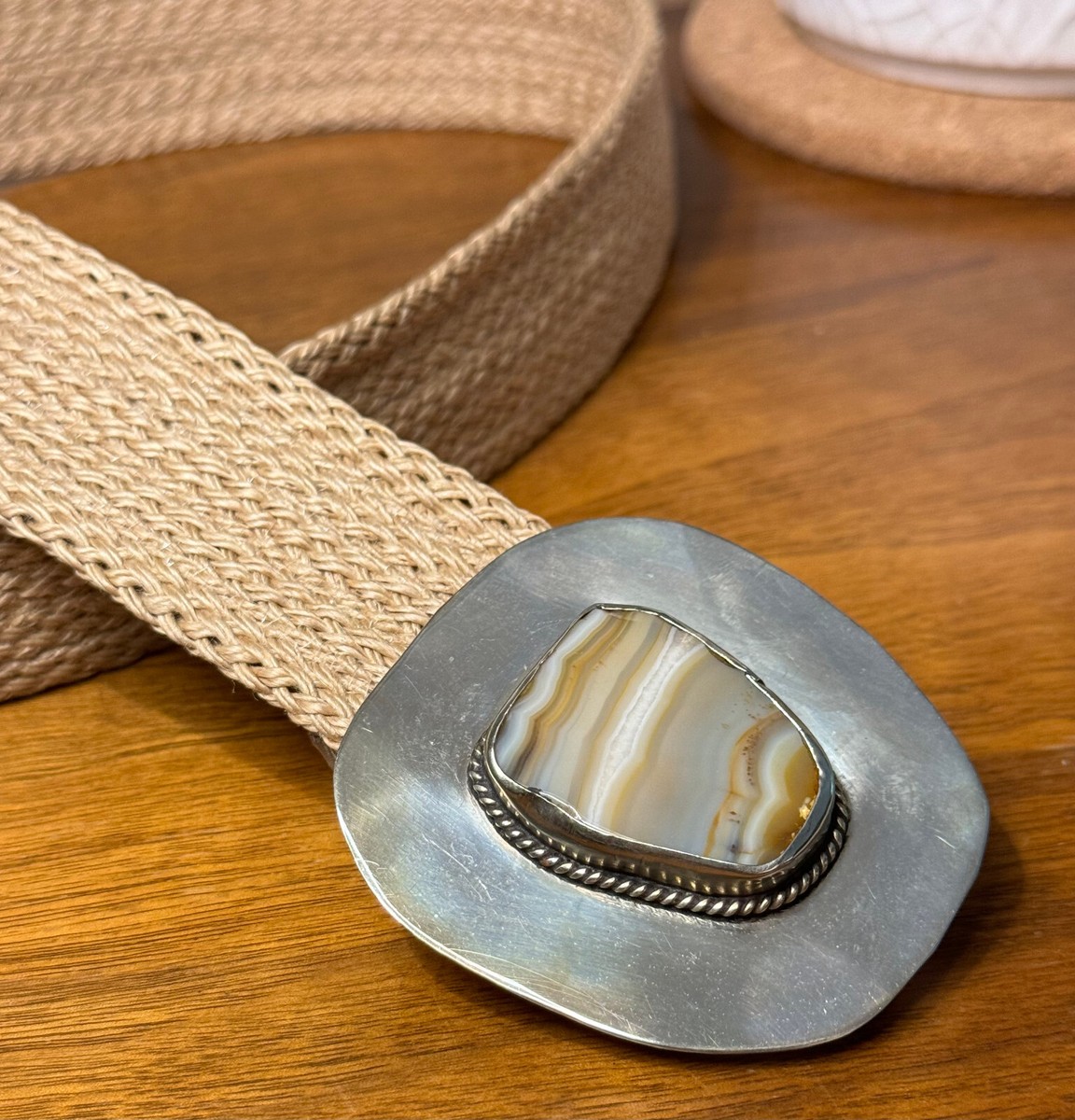 Boho Woven Raffia Silver Brown Agate Stone Belt Brown Boho Woven Raffia Belt: Women main image 4