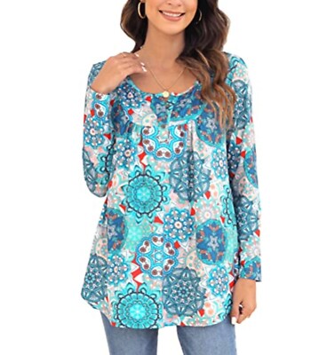 Enmain Womens Casual Tunic Tops Long Sleeve Pleated Ladies Swing Tops ...