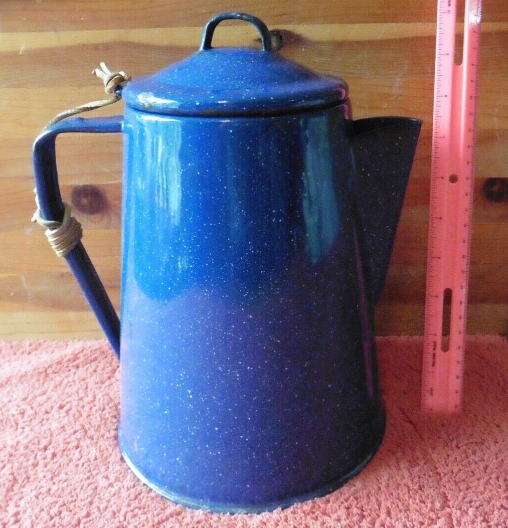Vintage Camping Coffee Tea Pot Kettle Outdoor Deep Blue White Specks