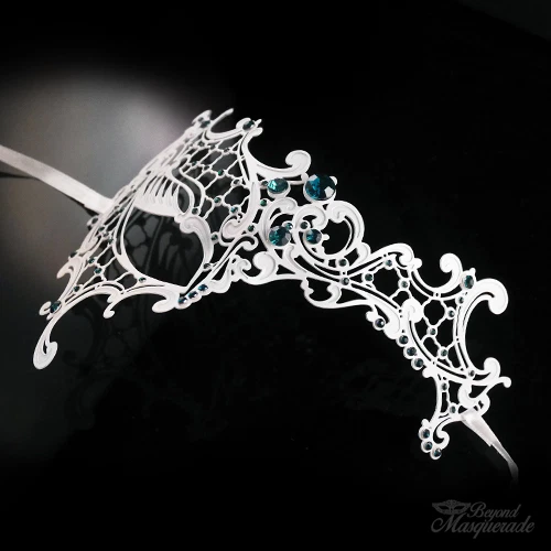 Woman Mask White Metal Phantom Venetian Ball Masquerade Mask w Green Rihnestones - Image 4 of 4