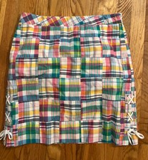 Talbots Sz 8P Madras Plaid Patchwork Cotton Lined Skirt Lace-Up Side Slit