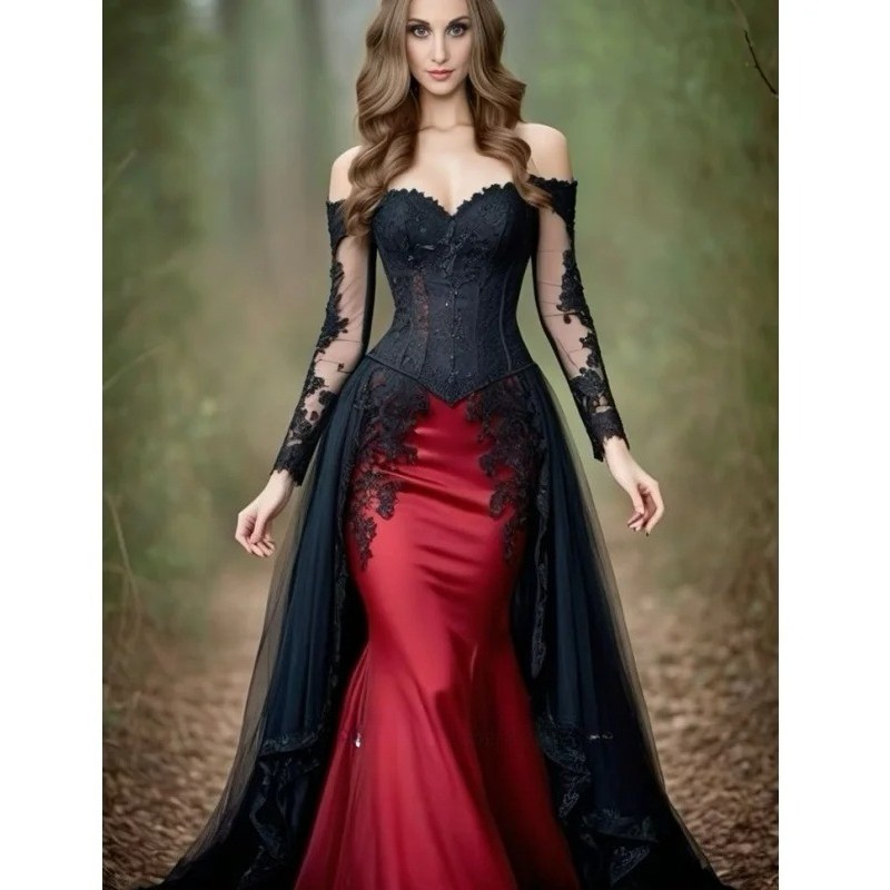 red dress with black overlay & Velvet Top, Red Sash and Black Floral Skirt, Size S Black Red Gothic Off Shoulder