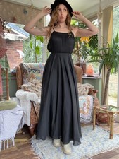 Vintage 1970s Maxi Dress Long Floaty Tie Waist Pleated sheer Bodice Black Size 8