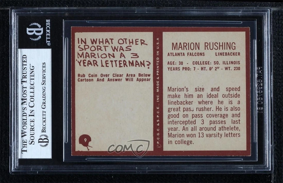 1967 Philadelphia Marion Rushing #9 BGS 8 Rookie RC - Image 2 of 2