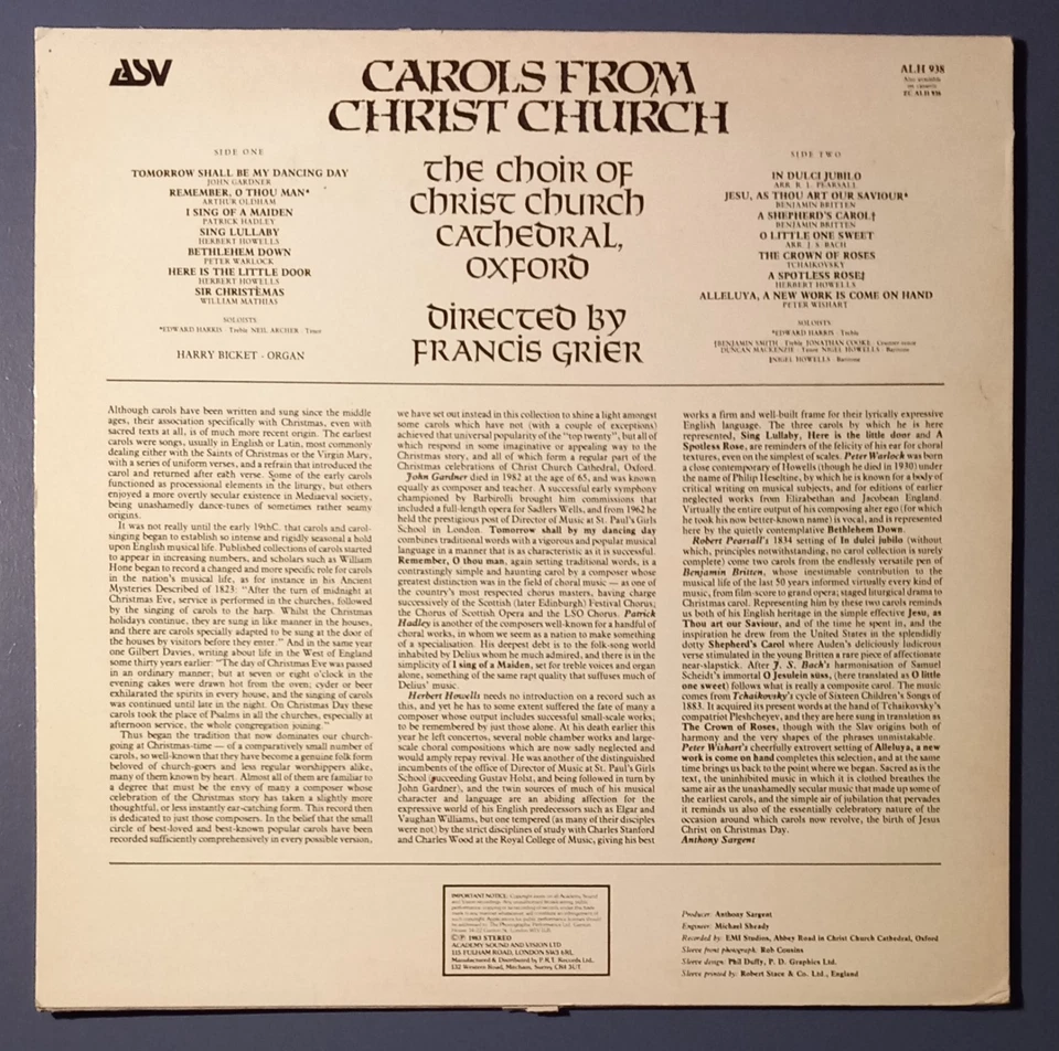 CHOIR OF CHRIST CHURCH CATHEDRAL OXFORD Carols LP UK  vinyl 1983 ASV solo treble - Image 2 of 3