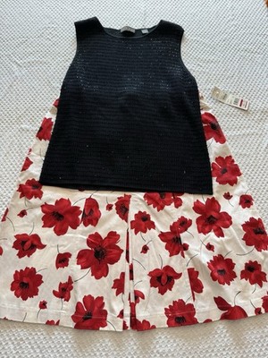 Kate Hill Black Beaded Shell Top & Elementz Floral Skirt Set L NWT